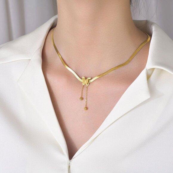 Elegant 14K Gold Butterfly Necklace with Tassels - Stackable Herringbone Design - Picture 4 of 5